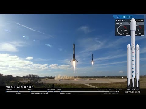 SpaceX Falcon Heavy Launch of Tesla with Starman, final countdown to boosters landing (2/6/2018)