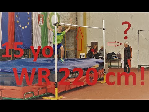 School High Jump! 15 years old boy jumps 220 cm - 7&#039;2½&quot; !!! WORLD RECORD U16 Sandro Tomasini (SLO)