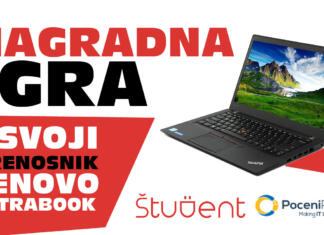 Zastonj prenosnik? Sodeluj v nagradni igri! Grafika s sliko prenosnika in ključnimi podatki nagradne igre