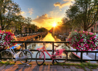 Amsterdam Beautiful sunrise over Amsterdam, The Netherlands, with flowers and bicycles on the bridge in spring