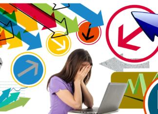 Znanost o stresu Ženska sedi za računalnikom, se drži za glavo, okrog nje je veliko pisanih puščic, usmerjenih vanjo