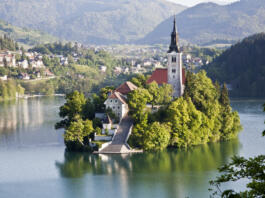 Island on Lake Bled and the alps.