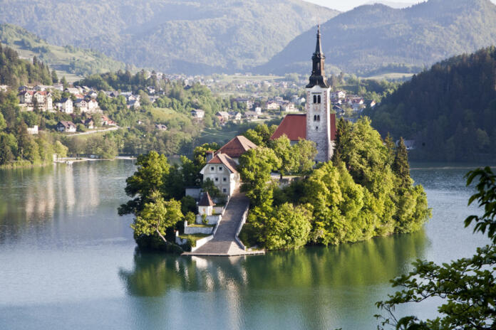 Island on Lake Bled and the alps.