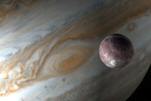 Jupiter planet and satellite Ganymede in the outer space. 3d render