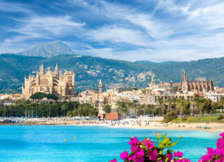 Mallorca Landscape with beach and Palma de Mallorca town, Spain