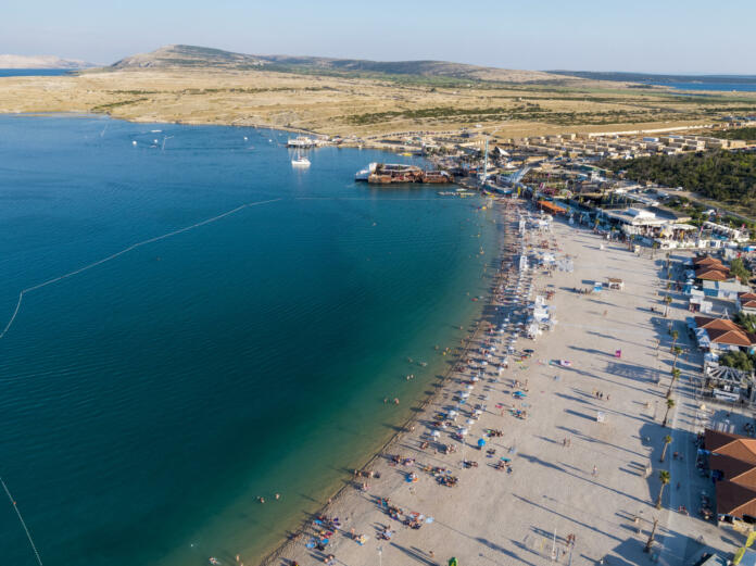 Aerial view of Zrce beach on Pag island, Croatia