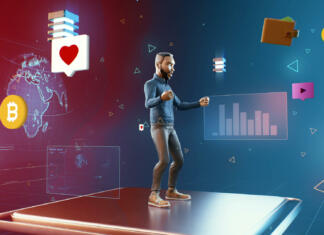 Meta ustvarila virtualno trgovino za avatarje African American man puts on VR goggles and enters the cyberspace of the meta universe into the virtual world with interfaces surrounding it