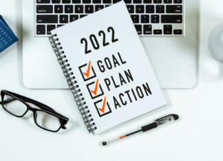 PROJEKT ‘’Gledališče gledalce išče 10+1” 2022 Goal, Plan, Action checklist text on note pad with laptop, glasses and pen.