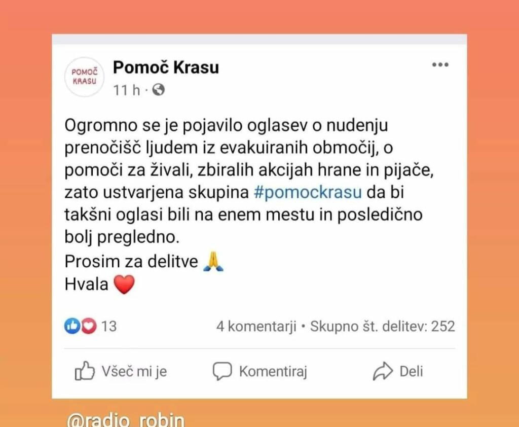 Fb objava Pomoč Krasu