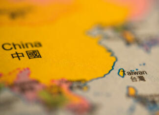 Tajska A close-up photograph of Taiwan and China on map.