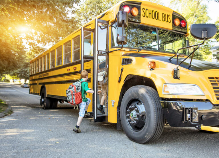 A group of young children getting on the school bus