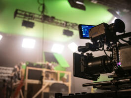 A professional digital cinema camera, on a film set.