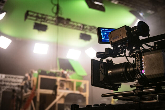 A professional digital cinema camera, on a film set.