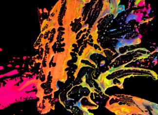 Kakšne barve je vaše ime? Abstract vibrant multi-color wet paint drops and splotch on black background. Bright orange and pink neon colors. Street art isolated