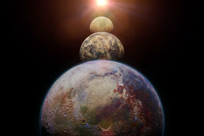 artist's interpretation of habitable alien planets, a distant star system