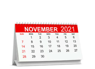 Pozor! NoVEMber je tu – mesec mehkih veščin! Calendar for year 2021. Week starts with sunday. 3d illustration isolated on white background