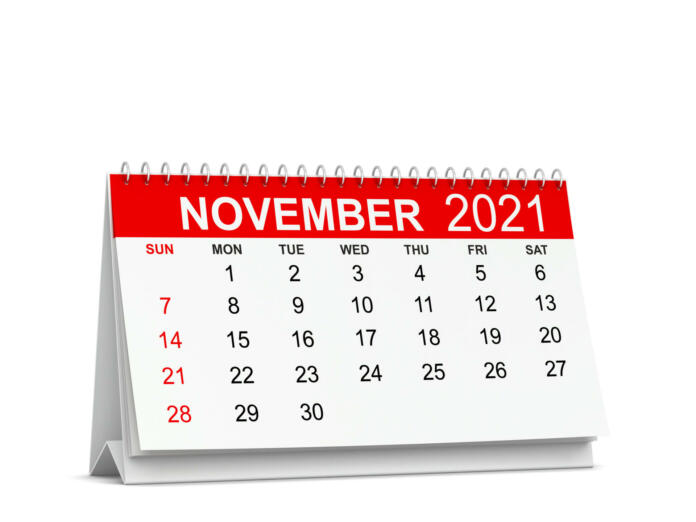 Calendar for year 2021. Week starts with sunday. 3d illustration isolated on white background