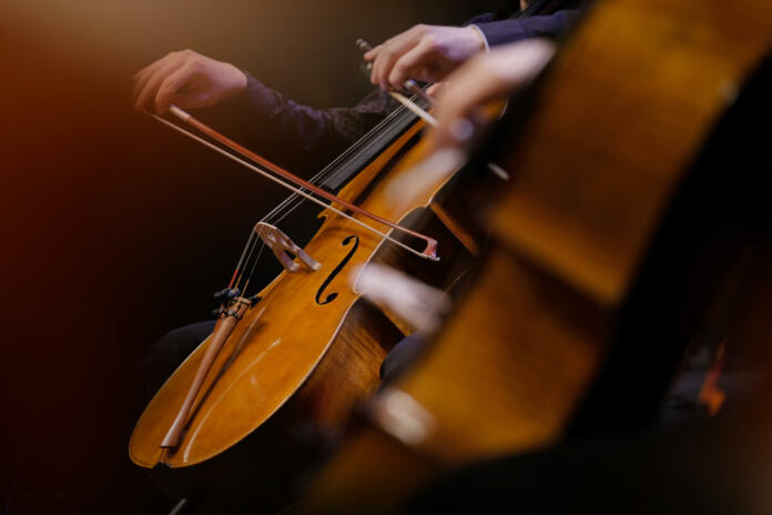 Cellos and musicians during a concert with an orchestra