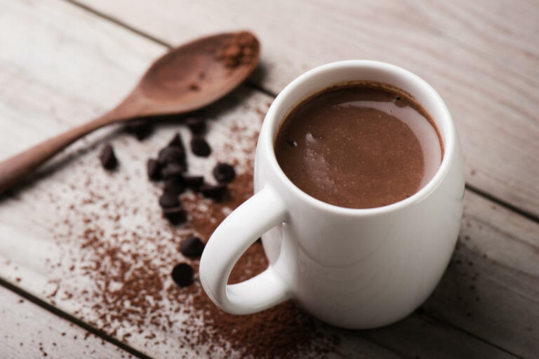 closeup hot chocolate in white mug (shallow depth of field)