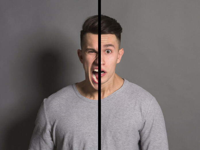 Collage of young man portraits with double face expression on gray studio background. Double personality, bipolar disorder concept