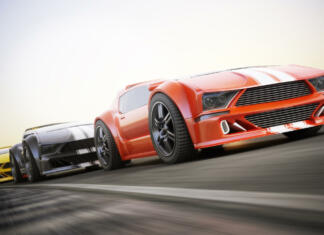 Hitri in drzni 5 Exotic sports cars racing with motion blur . Generic custom photo realistic 3d rendering
