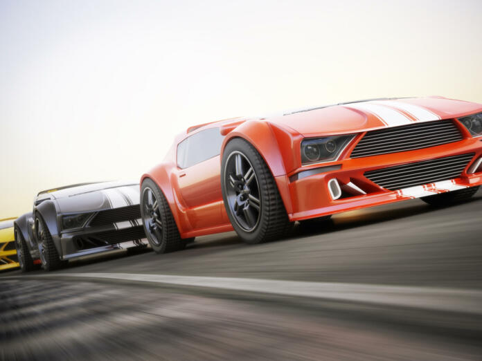 Exotic sports cars racing with motion blur . Generic custom photo realistic 3d rendering