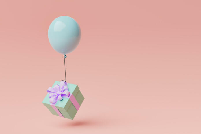 gift box with a balloon floating in the air and space for text. concept for celebrations, birthdays and holidays. 3d render