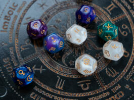 Horoscope zodiac circle with divination dice. Fortune telling and astrology predictions concept, magic rituals and exoteric experience