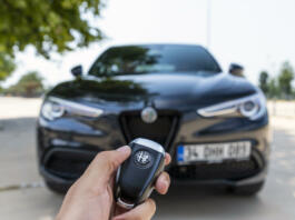 Istanbul, Turkey - July 13 2021 : The New Alfa Romeo Stelvio is the new optimal performance and utility SUV. It has wireless car key.