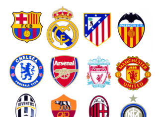 Zgodbe ozadja Lige prvakov (torek) Kiev, Ukraine - September 22, 2015: European football clubs logo printed on paper.
