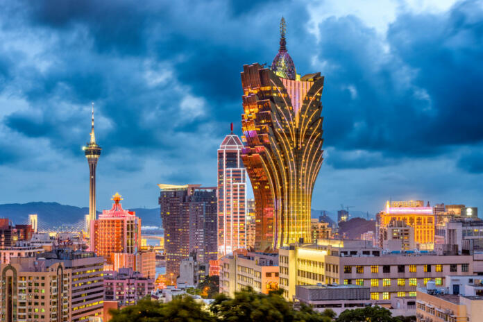 Macau, China city skyline at dusk.