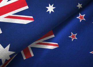 Delo in študij v Avstraliji, Kanadi in Novi Zelandiji New Zealand and Australia flag together realtions textile cloth fabric texture