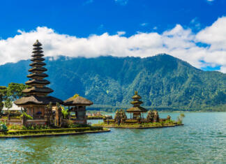 Java, Bali Panorama of Pura Ulun Danu Beratan Bedugul temple on a lake in Bali, Indonesia