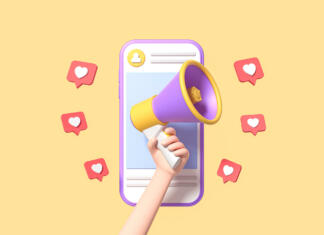 Marketing ali PR? Post information alert from hand with megaphone or loudspeaker on a phone with pin like. Flat cartoon announce notification banner sign on a yellow background. 3d render
