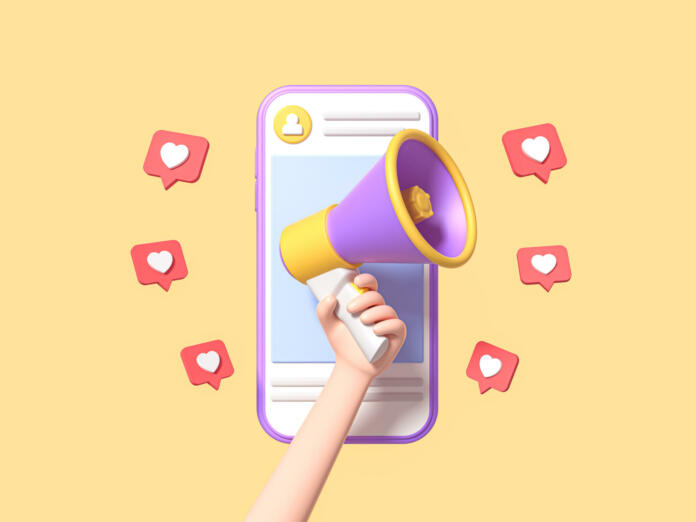 Post information alert from hand with megaphone or loudspeaker on a phone with pin like. Flat cartoon announce notification banner sign on a yellow background. 3d render