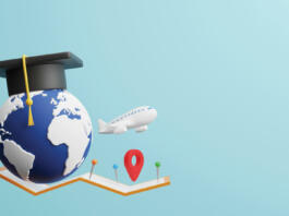 Study abroad concept design of world with graduation cap and plane map pin and location sign 3D render