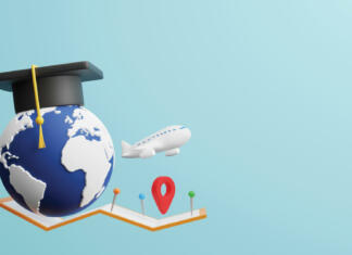 Katere so možnosti financiranja študija v tujini? Study abroad concept design of world with graduation cap and plane map pin and location sign 3D render