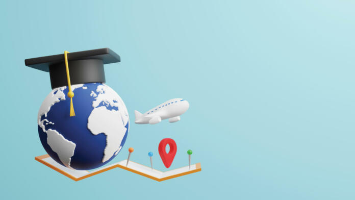 Study abroad concept design of world with graduation cap and plane map pin and location sign 3D render