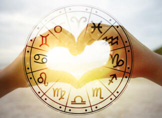 Aprilski pogled v zvezde (sredi dneva) The hands of women and men are the heart shape with the sun light passing through the hands have astrological symbols