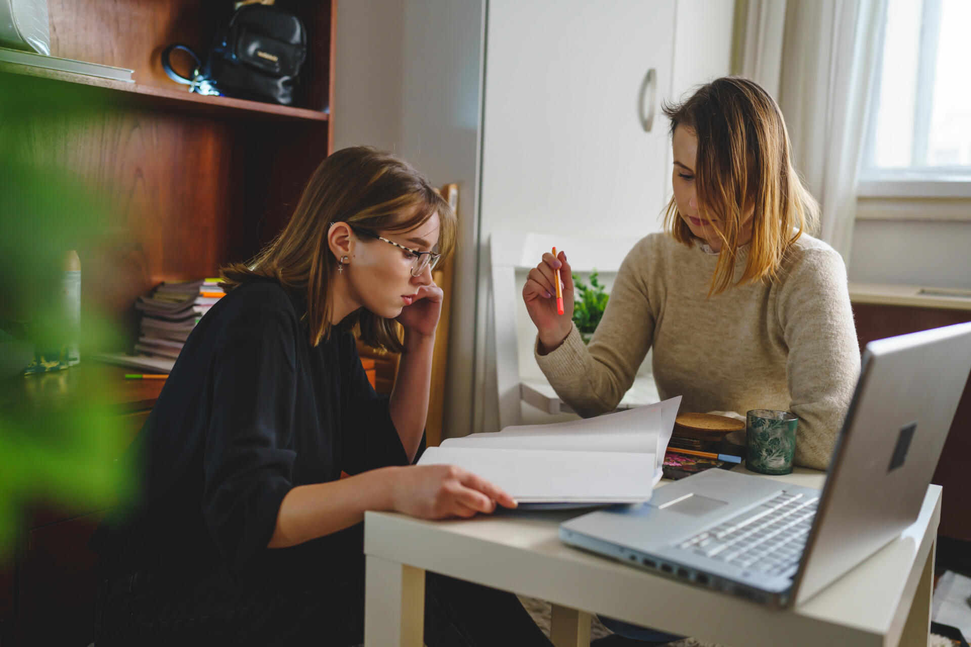 two women young caucasian female student sitting at home with her mentor teacher looking to the notebook explaining lesson study preparing for exam learning education concept real people copy space