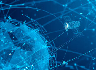 Nizkocenovni sateliti v orbiti lahko postanejo lahka tarča kibernetskih napadov Abstract blue digital network background with planet and satellites. Concept of GPS and hi tech. Telecommunication in modern world. 3d rendering