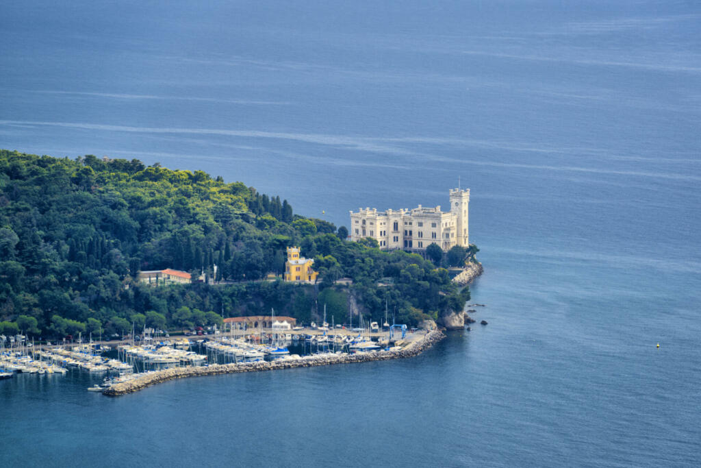 Aerial view of famous Miramare castle near Trieste, Italy, on the coast of Adriatic sea