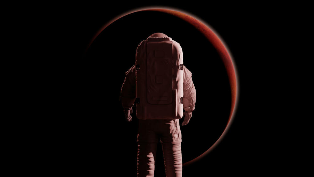 artist impression of a spaceman standing in front of the red planet at sunrise