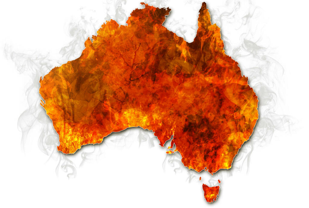 Australia bushfires Map. Conceptual: save australian wildlife, global warming, natural disaster, climate change isolated on white background.
