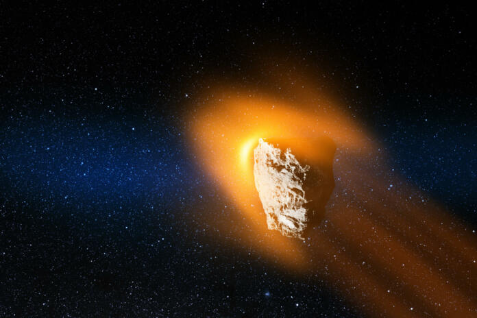 Big asteroid in the space. Potentially hazardous asteroids. Asteroid in outer space. International Asteroid Day.