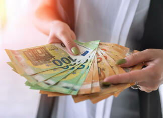 Businesswoman hands hold euro banknotes. finance concept