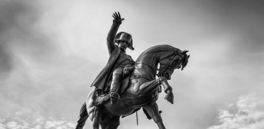 Cherbourg-Octeville, France - May 22, 2017: Napoleon statue on Horseback, the work of Armand Le Veel, located at Napoleon Square in Cherbourg-Octeville, France. Black and white photography.