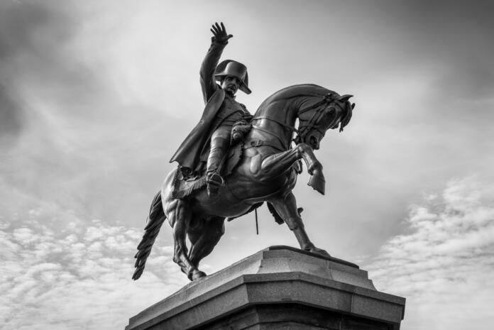 Cherbourg-Octeville, France - May 22, 2017: Napoleon statue on Horseback, the work of Armand Le Veel, located at Napoleon Square in Cherbourg-Octeville, France. Black and white photography.