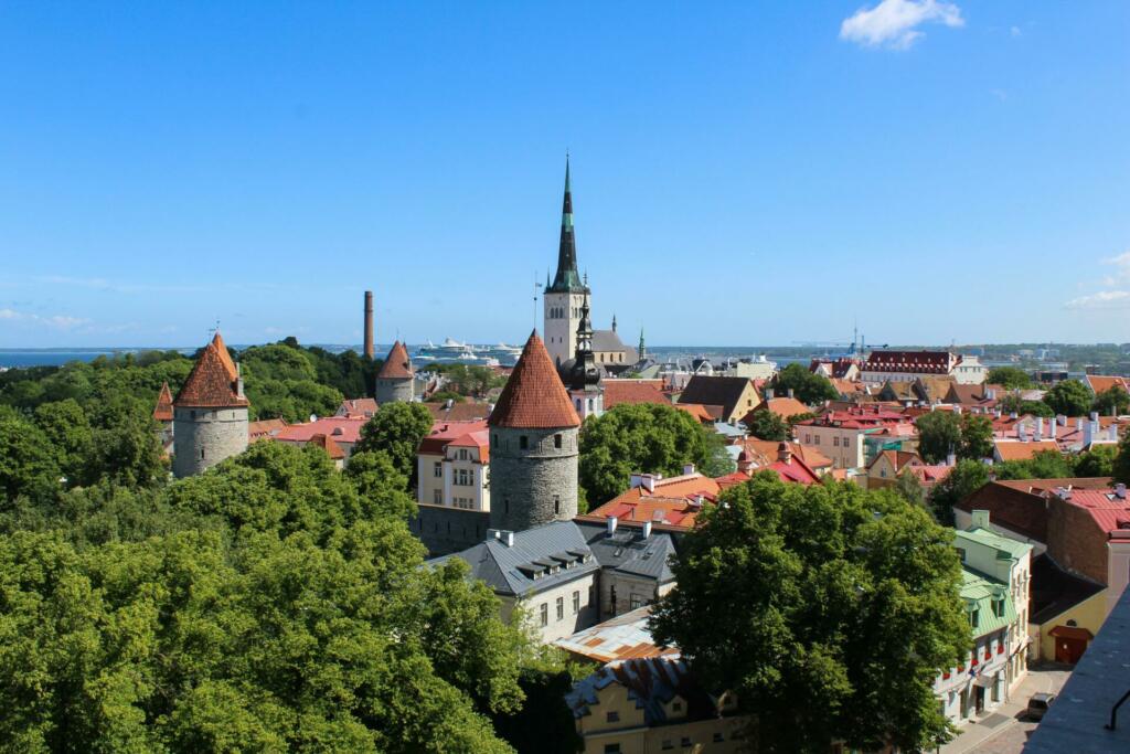 Pogled z neba na cerkve in ostale zgradbe v mestu