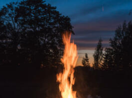 close-up fire, large burning blocks of wood and flames of red fire at the summer solstice